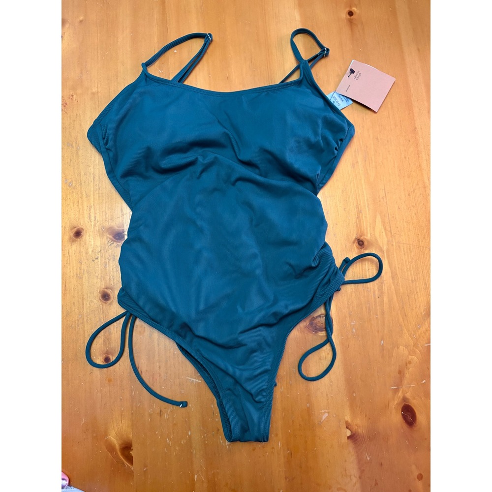 Shade & Shore Women Teal Ribbed Side Tie One Piece Swimsuit Size M 8-10 NWT